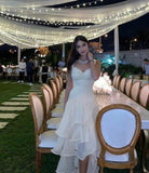 Niulatu High Low Straps Neckline Sleeveless White Long Prom Dresses SD2007