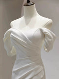 Niulatu Mermaid Off The Shoulder Pleats Satin Short Sleeves Wedding Dresses Brides Dress SD2105