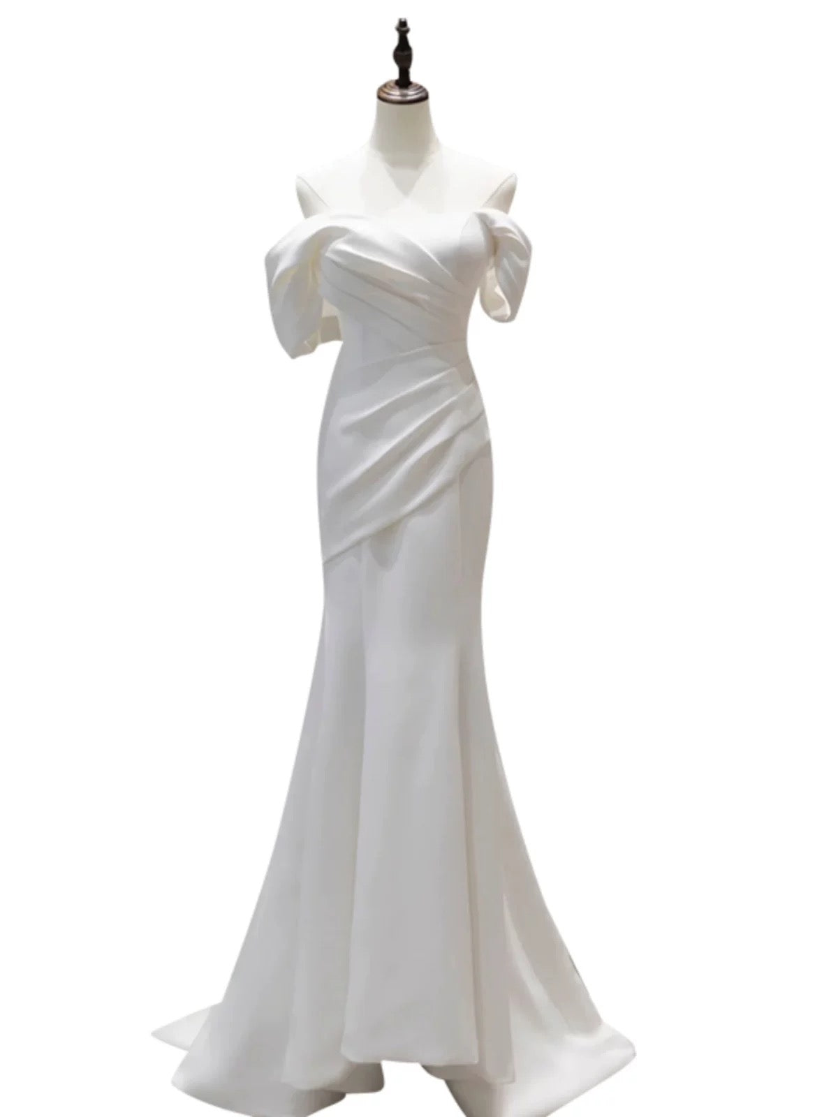 Niulatu Mermaid Off The Shoulder Pleats Satin Short Sleeves Wedding Dresses Brides Dress SD2105