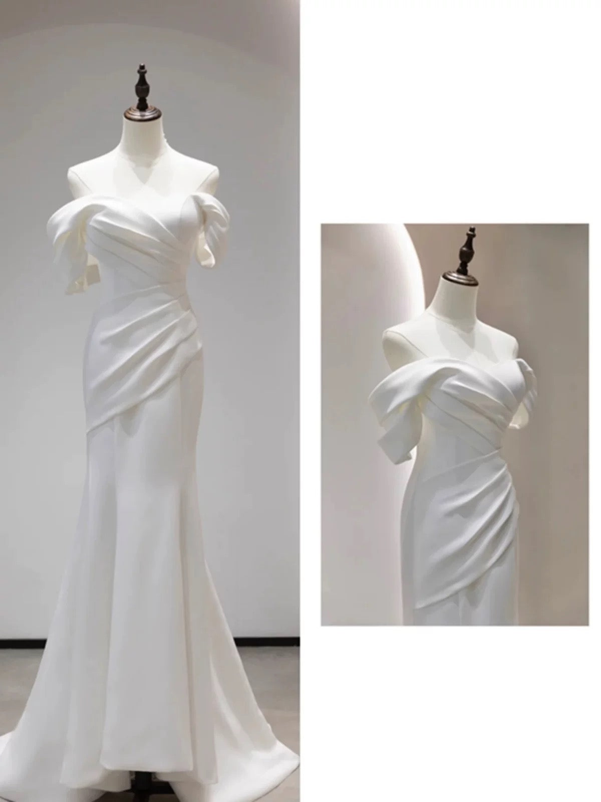 Niulatu Mermaid Off The Shoulder Pleats Satin Short Sleeves Wedding Dresses Brides Dress SD2105