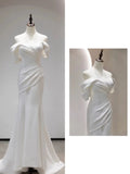 Niulatu Mermaid Off The Shoulder Pleats Satin Short Sleeves Wedding Dresses Brides Dress SD2105