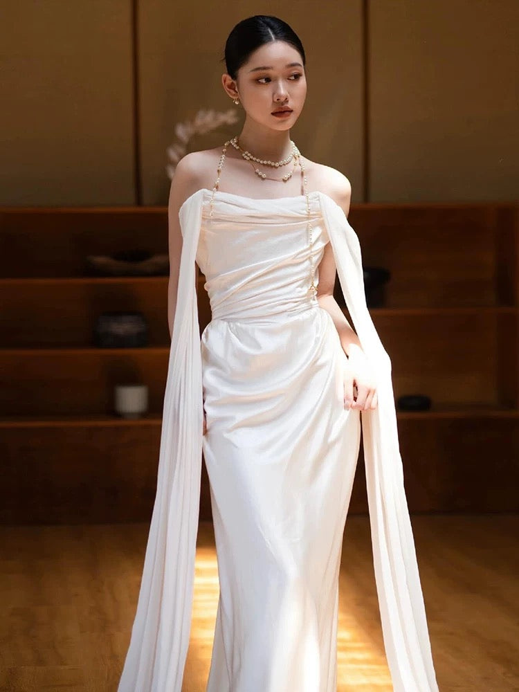 Niulatu Mermaid Strapless Satin Pleats White Ruffles Wedding Dresses SD2107