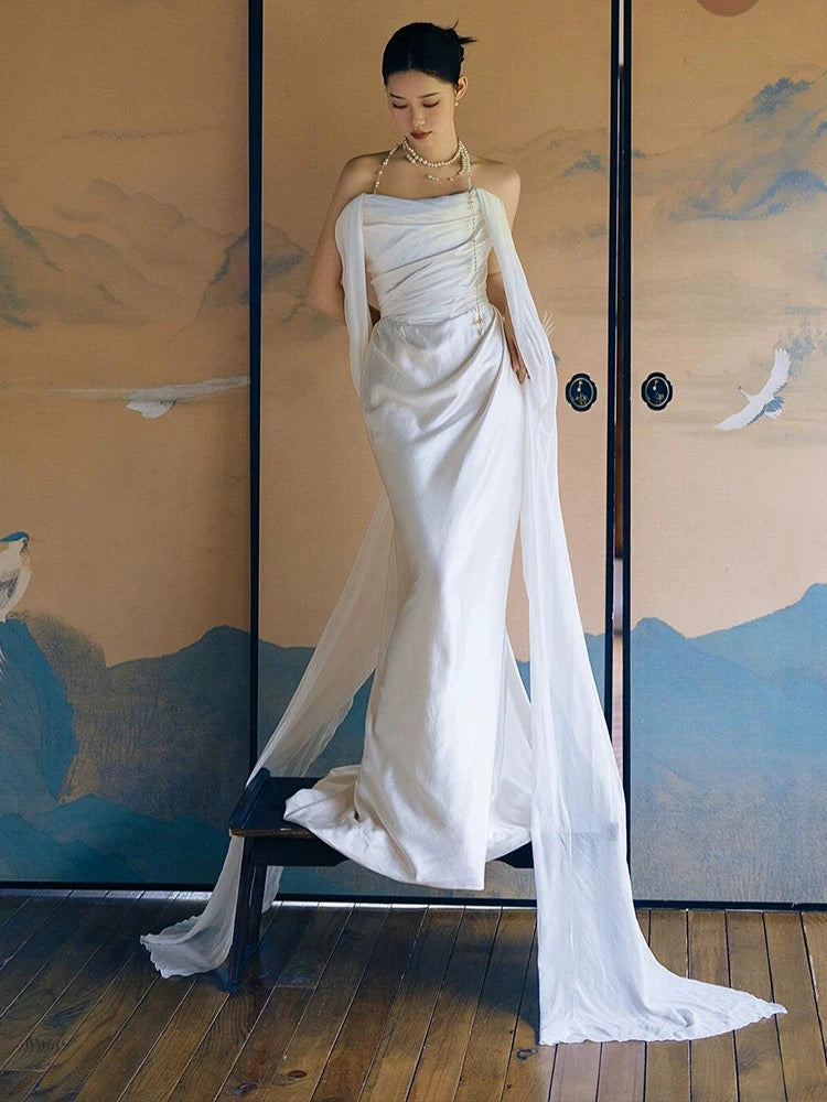 Niulatu Mermaid Strapless Satin Pleats White Ruffles Wedding Dresses SD2107