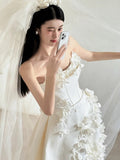 Niulatu Ball Gown Strapless Neckline Long White Satin Floral Wedding Dresses SD2108
