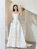 Niulatu Ball Gown Strapless Neckline Long White Satin Floral Wedding Dresses SD2108