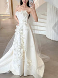Niulatu Ball Gown Strapless Neckline Long White Satin Floral Wedding Dresses SD2108