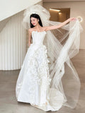 Niulatu Ball Gown Strapless Neckline Long White Satin Floral Wedding Dresses SD2108