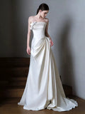 Niulatu Sheath Strapless Neckline Long White Satin Floral Wedding Dresses SD2109