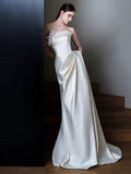 Niulatu Sheath Strapless Neckline Long White Satin Floral Wedding Dresses SD2109
