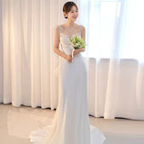 Niulatu Mermaid Straps Backless Pearls Pleats White Satin Wedding Dresses SD2110