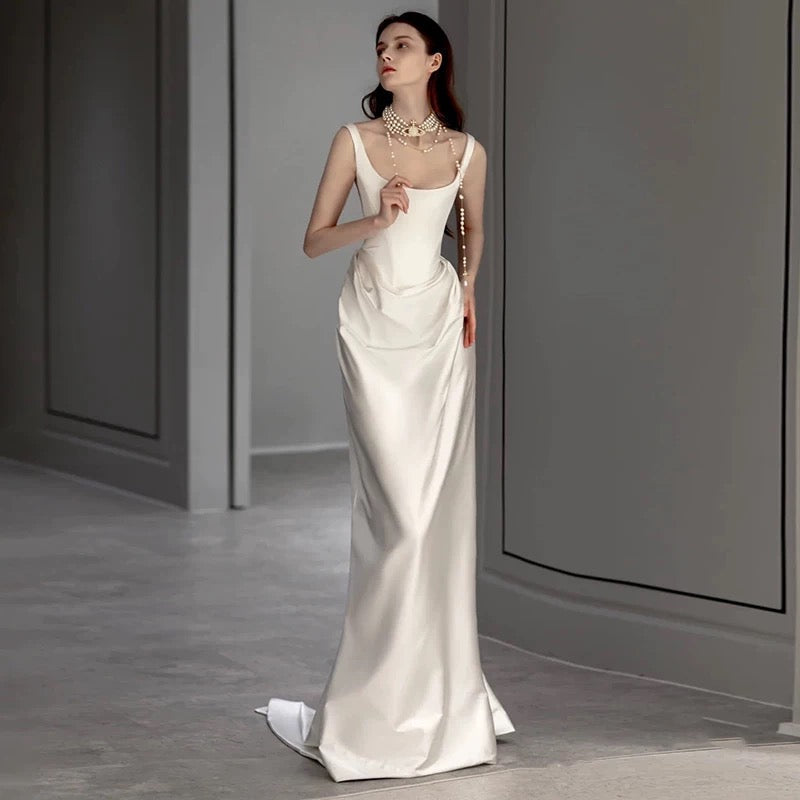 Niulatu Mermaid Square Neckline Satin Pleats White Wedding Dresses SD2111