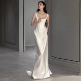 Niulatu Mermaid Square Neckline Satin Pleats White Wedding Dresses SD2111