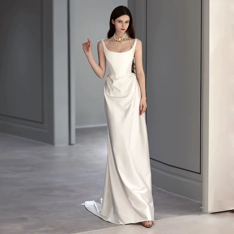 Niulatu Mermaid Square Neckline Satin Pleats White Wedding Dresses SD2111
