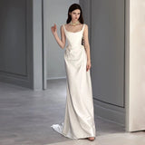 Niulatu Mermaid Square Neckline Satin Pleats White Wedding Dresses SD2111