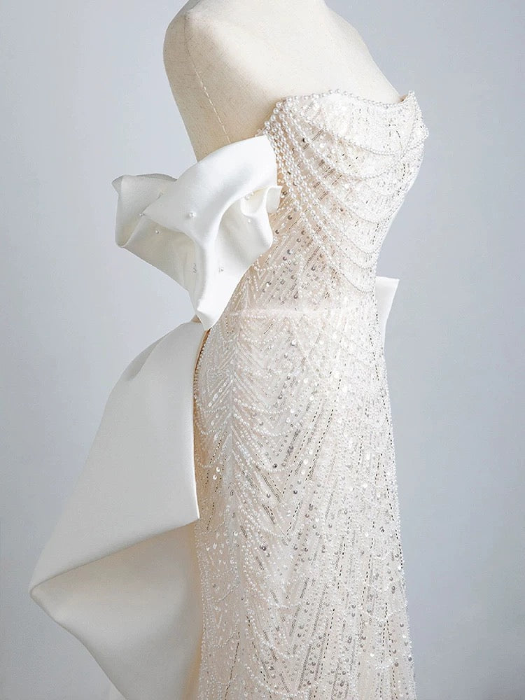 Niulatu Mermaid Off The Shoulder Short Sleeves Long White Sequin Wedding Dresses SD2112
