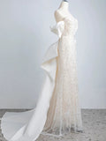 Niulatu Mermaid Off The Shoulder Short Sleeves Long White Sequin Wedding Dresses SD2112