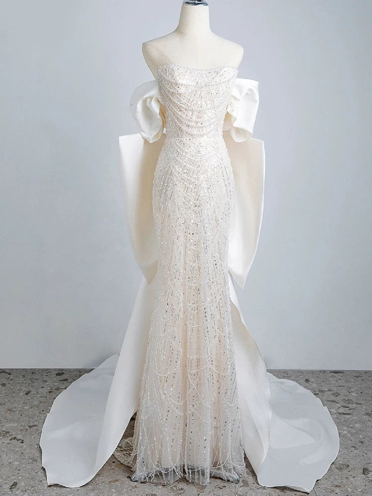 Niulatu Mermaid Off The Shoulder Short Sleeves Long White Sequin Wedding Dresses SD2112