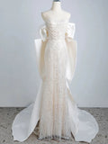 Niulatu Mermaid Off The Shoulder Short Sleeves Long White Sequin Wedding Dresses SD2112