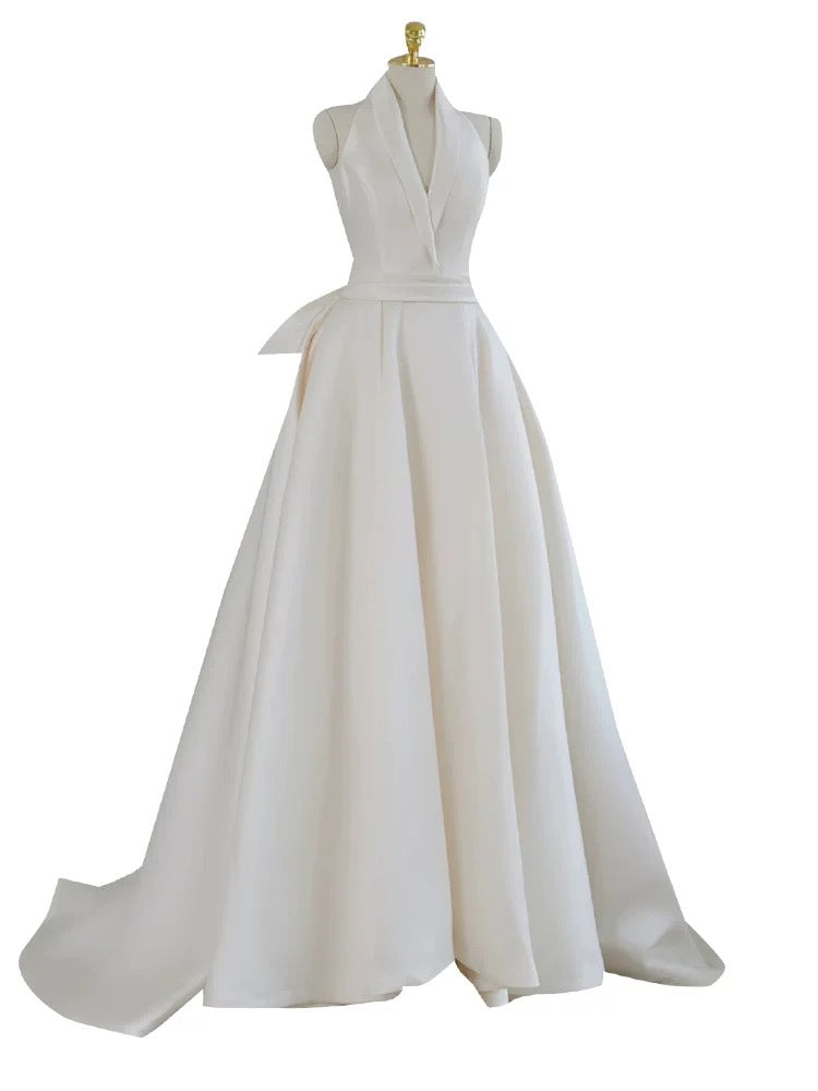 Niulatu Ball Gown Halter Neckline Satin Pleats White Wedding Dresses SD2113