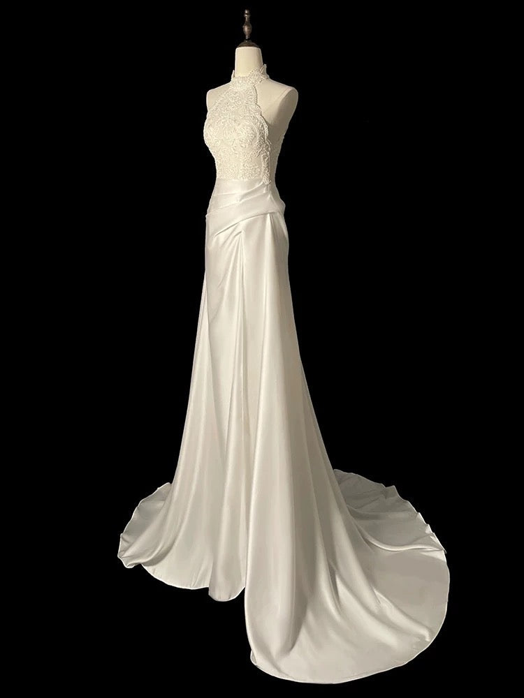 Niulatu Sheath High Neckline Satin Lace Ivory Wedding Dresses SD2114