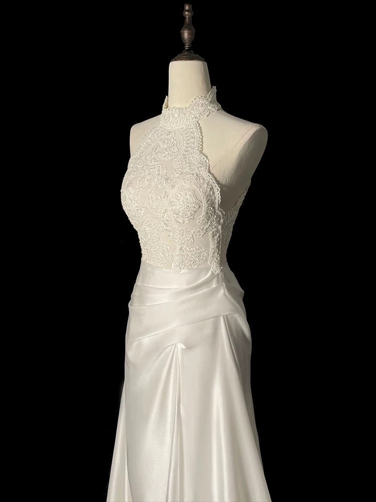 Niulatu Sheath High Neckline Satin Lace Ivory Wedding Dresses SD2114