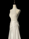 Niulatu Sheath High Neckline Satin Lace Ivory Wedding Dresses SD2114