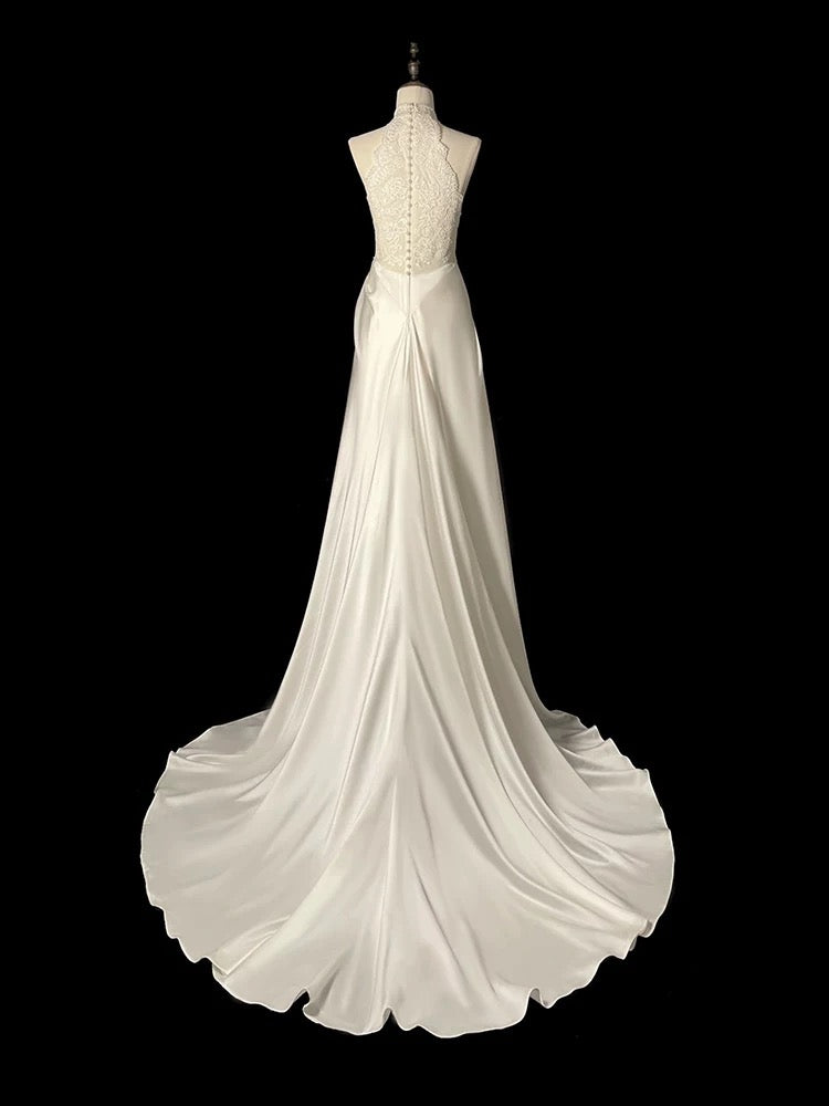 Niulatu Sheath High Neckline Satin Lace Ivory Wedding Dresses SD2114