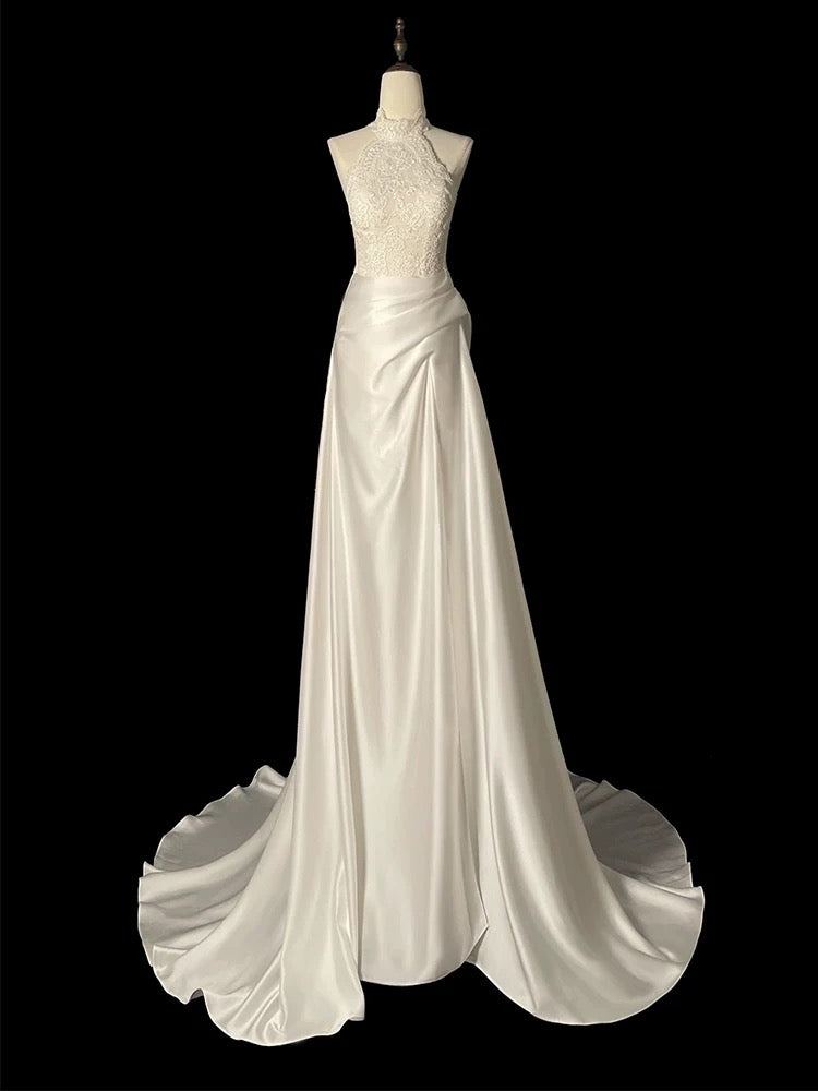 Niulatu Sheath High Neckline Satin Lace Ivory Wedding Dresses SD2114