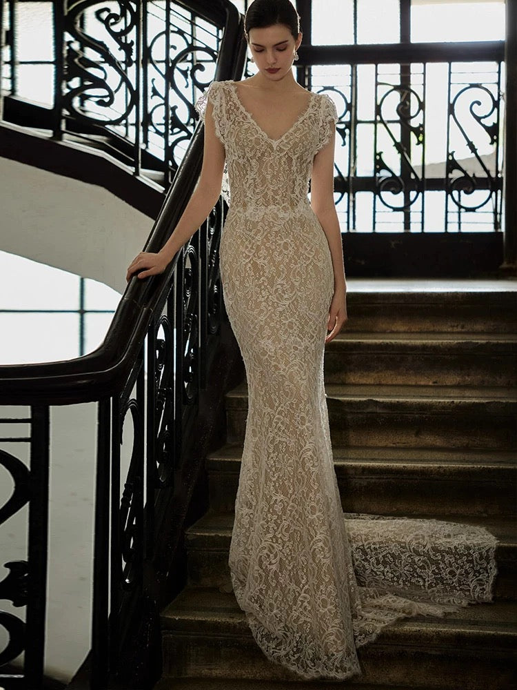 Niulatu Sheath V Neckline Cap Sleeves Lace Ivory Wedding Dresses SD2115