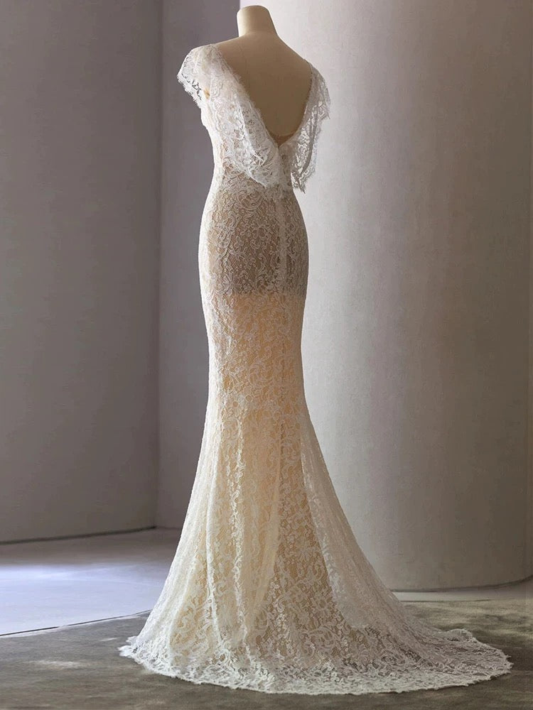 Niulatu Sheath V Neckline Cap Sleeves Lace Ivory Wedding Dresses SD2115