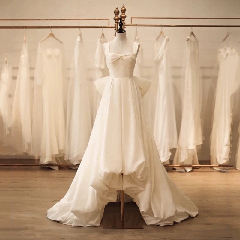 Niulatu High Low Square Neckline Long White Satin Wedding Dresses SD2120