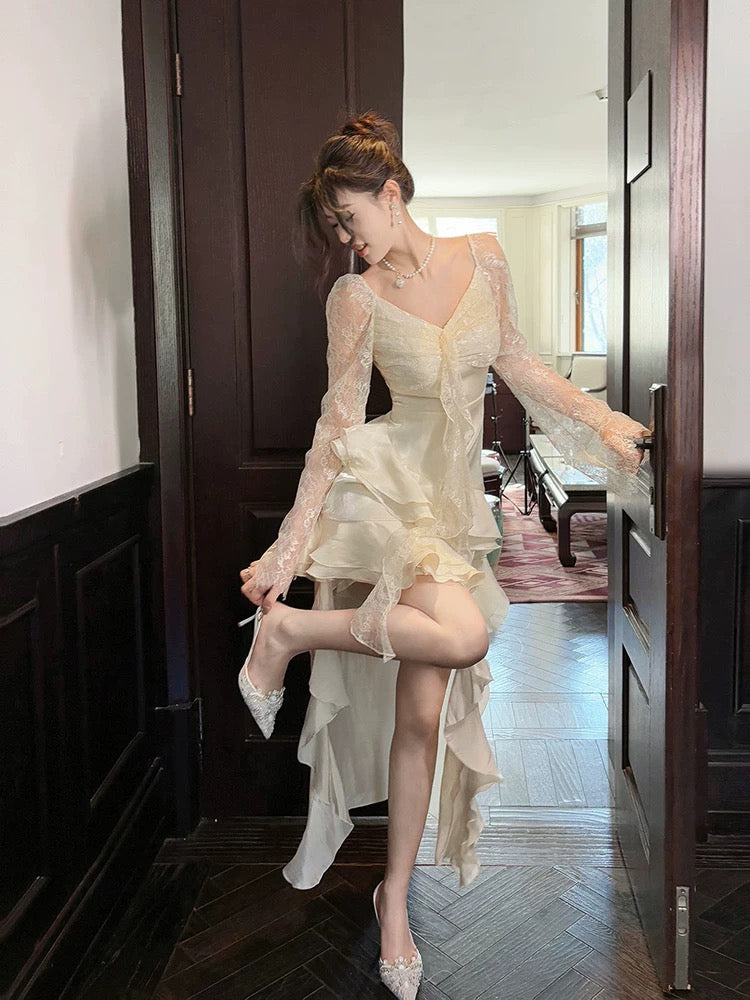 Niulatu High Low V Neckline White Lace Ruffles Long Evening Dress Lace Prom Dresses SD2822