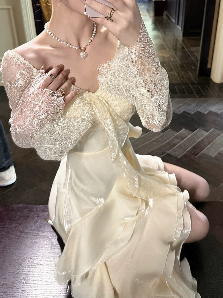 Niulatu High Low V Neckline White Lace Ruffles Long Evening Dress Lace Prom Dresses SD2822