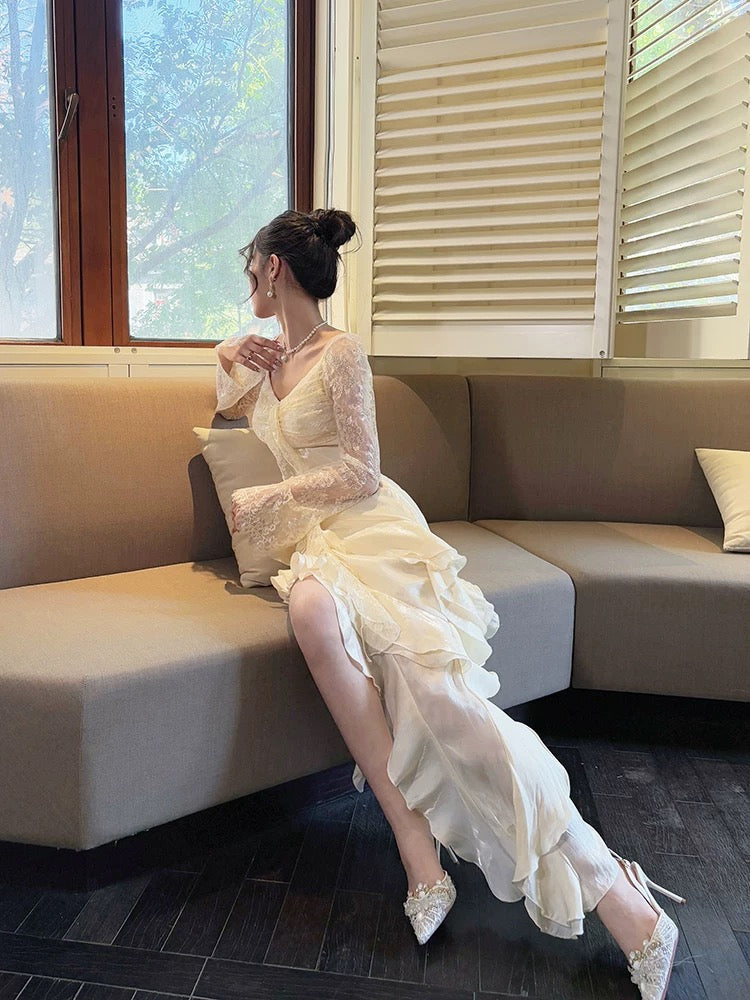 Niulatu High Low V Neckline White Lace Ruffles Long Evening Dress Lace Prom Dresses SD2822