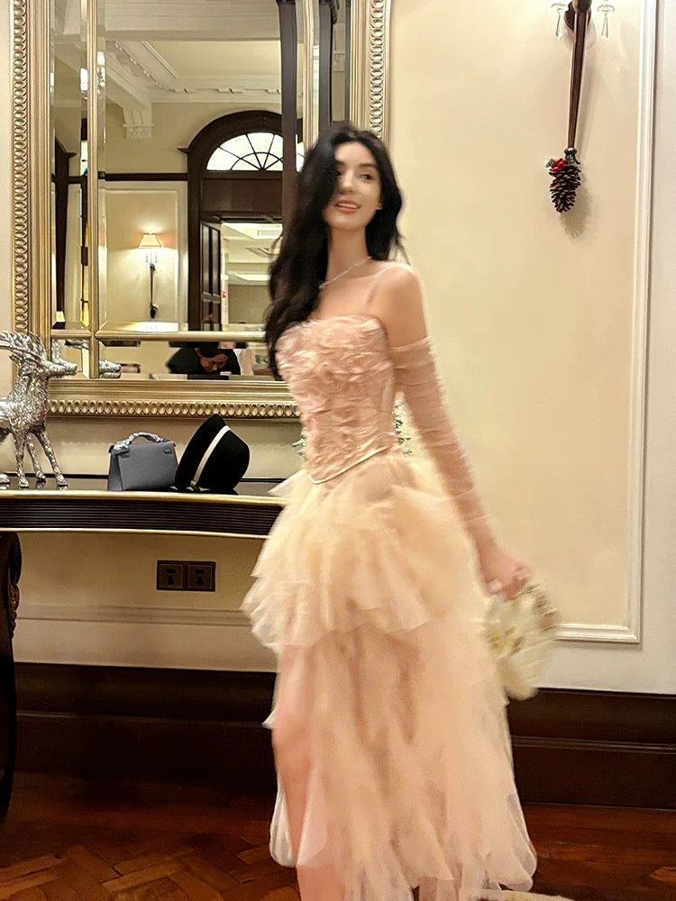 Niulatu High Low Spaghetti Straps Tulle Pink Floral Ankle Length Evening Dress Prom Dresses SD2838