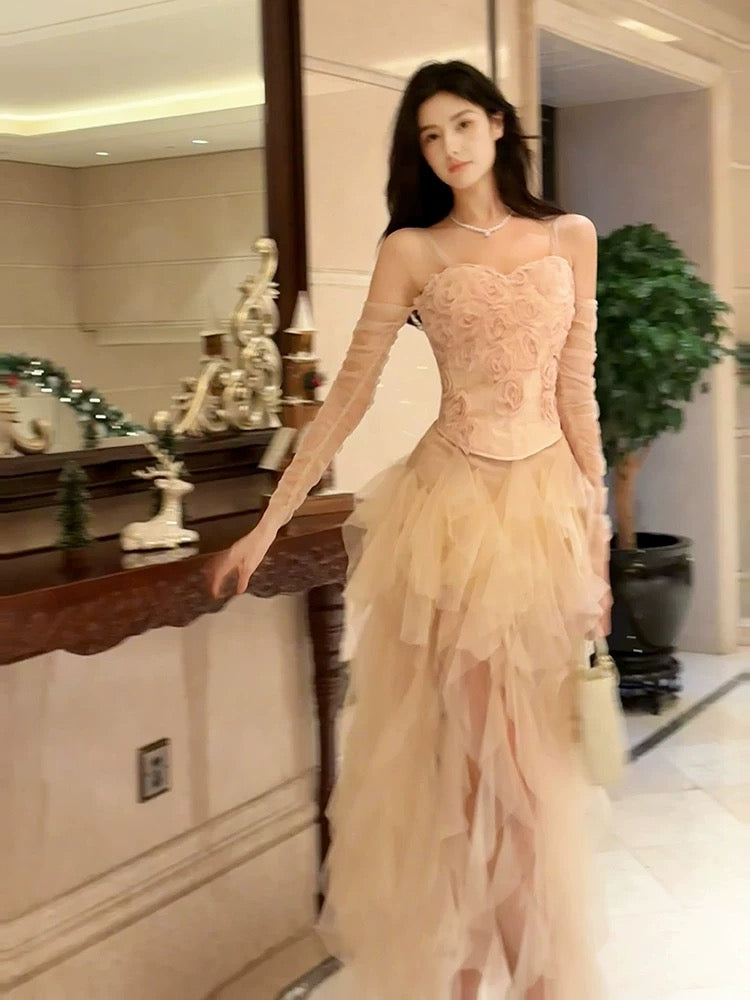 Niulatu High Low Spaghetti Straps Tulle Pink Floral Ankle Length Evening Dress Prom Dresses SD2838