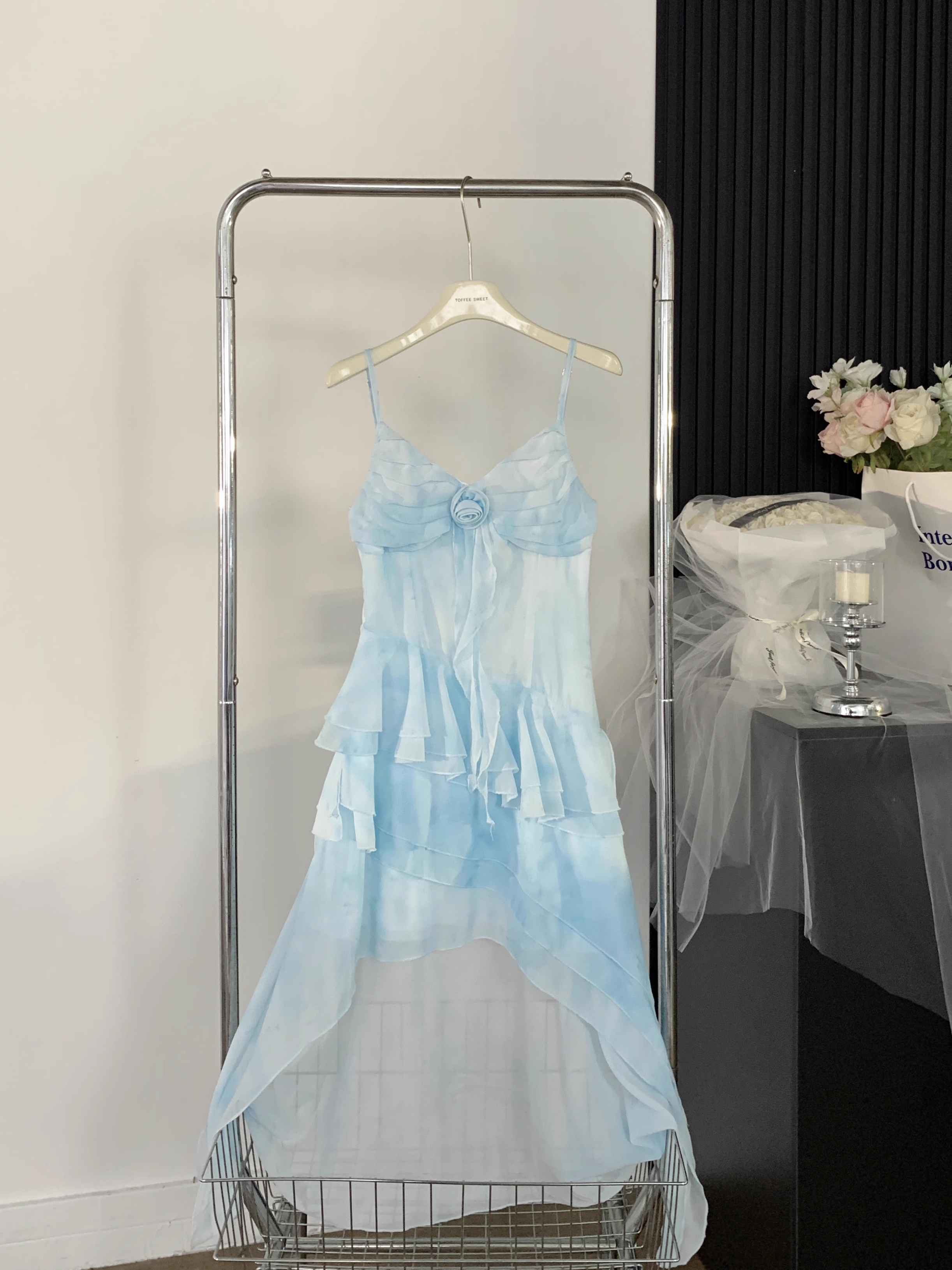 Niulatu High Low Spaghetti Straps Ice Blue Ombre Dress Beach Holiday Dresses SD285