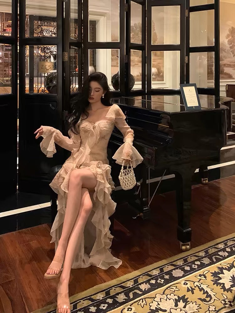 Niulatu High Low Sweetheart Long Sleeves Floral Ruffles Chiffon Prom Dresses Birthday Outfits SD296