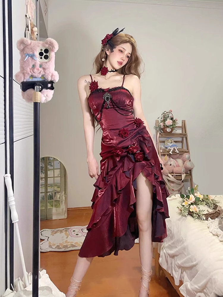 Niulatu High Low Irregular Ruffled Spaghetti Straps Women's Burgundy Birthday Outfits Party Dresses With Sleeves SD439
