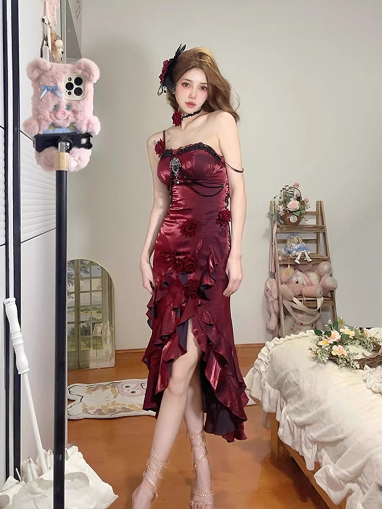 Niulatu High Low Irregular Ruffled Spaghetti Straps Women's Burgundy Birthday Outfits Party Dresses With Sleeves SD439