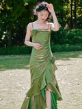 Niulatu High Low Spaghetti Straps Ruffles Green Prom Dresses Birthday Outfits SD468