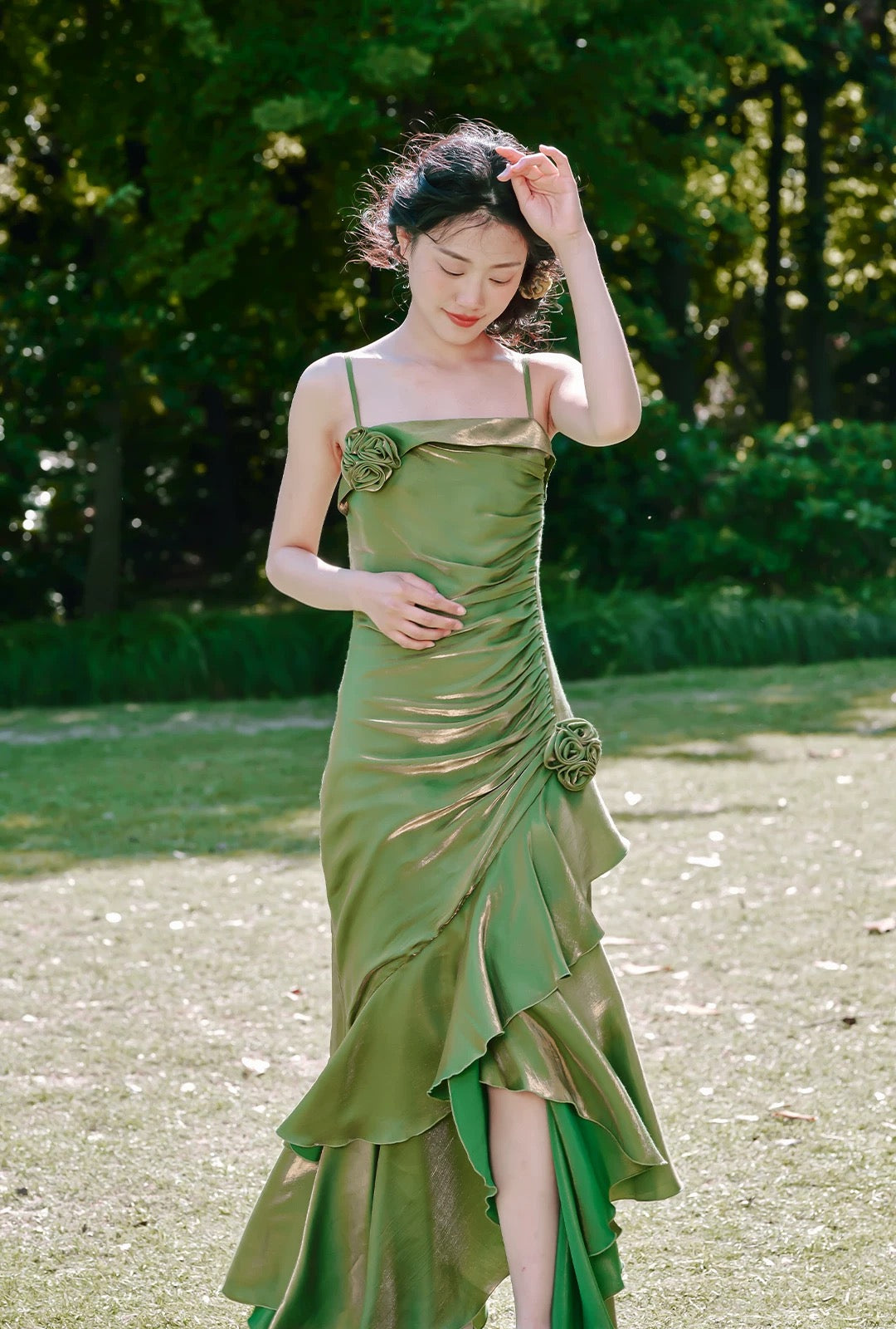 Niulatu High Low Spaghetti Straps Ruffles Green Prom Dresses Birthday Outfits SD468