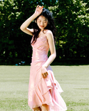 Niulatu High Low Spaghetti Straps Pink Knee Length Prom Dresses Birthday Outfits SD486