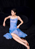 Niulatu High Low Irregular Spaghetti Straps Blue Knee Length Prom Dresses Birthday Outfits SD488