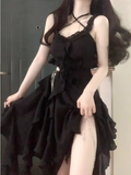 Niulatu High Low Straps Black Chiffon Ruffles Long Prom Dresses Birthday Outfits SD508