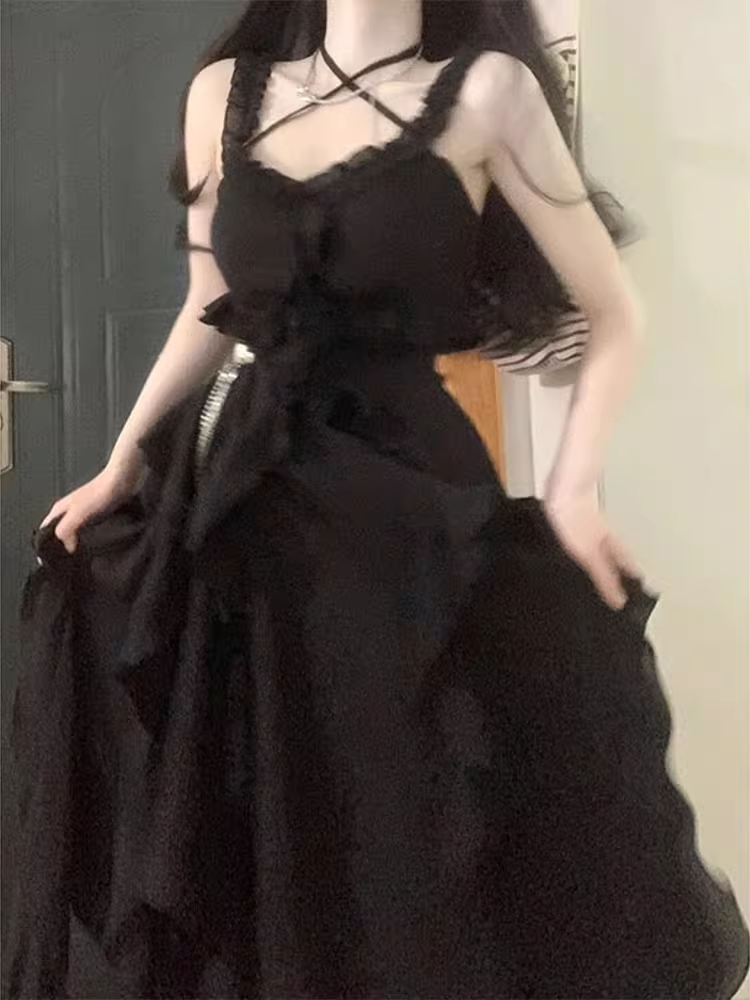 Niulatu High Low Straps Black Chiffon Ruffles Long Prom Dresses Birthday Outfits SD508