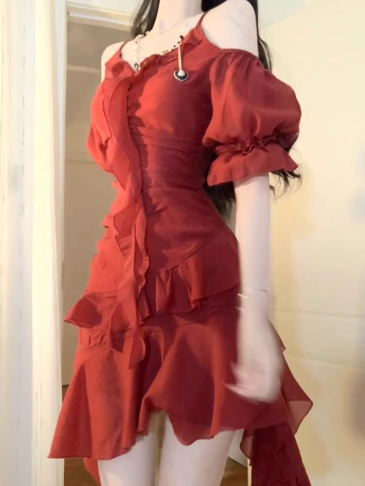 Niulatu High Low Spaghetti Straps Burgundy Ankle length Beach Dresses Birthday Outfits SD552