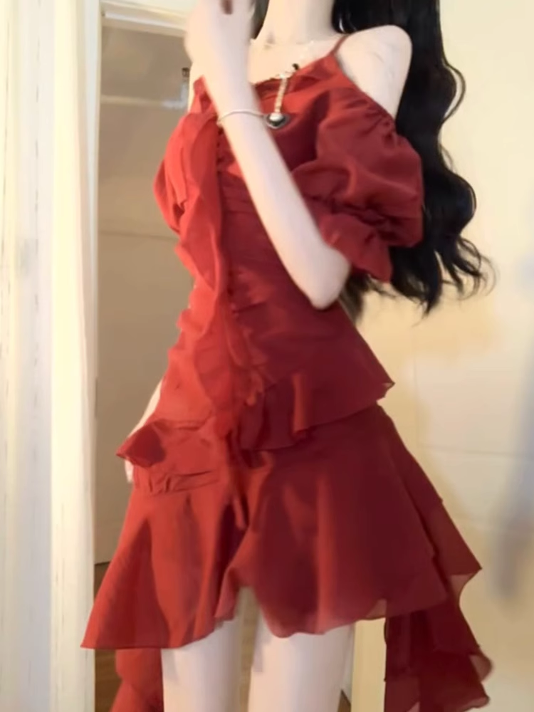 Niulatu High Low Spaghetti Straps Burgundy Ankle length Beach Dresses Birthday Outfits SD552