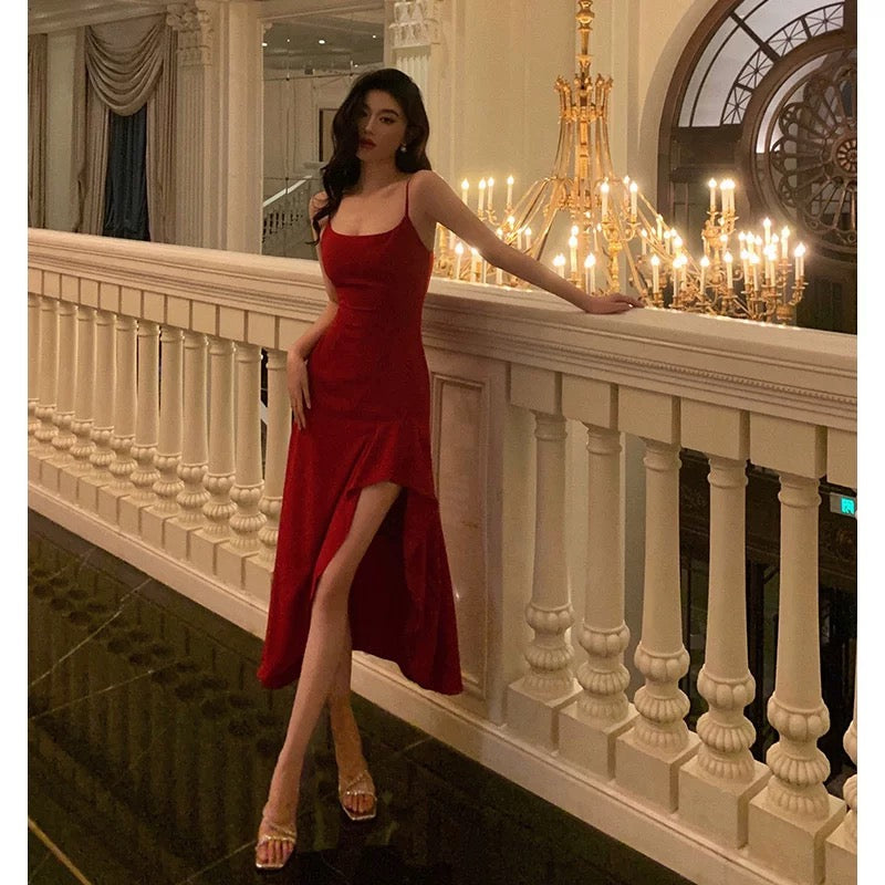 Niulatu High Low Spaghetti Straps Red Prom Dresses Birthday Outfits Evening Gown SD917