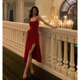 Niulatu High Low Spaghetti Straps Red Prom Dresses Birthday Outfits Evening Gown SD917